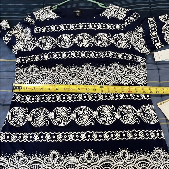 R&K Navy Blue & White Paisley Lace Print Dress Women’s Size 14 Short Sleeve NWT - Picture 9 of 15